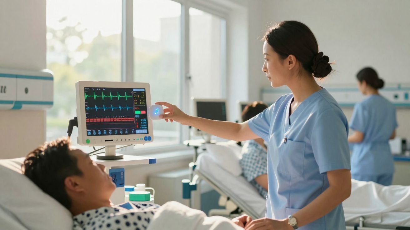 Enfermeira a ajustar monitor cardíaco ao lado de doente numa cama hospitalar, quarto iluminado pela janela.