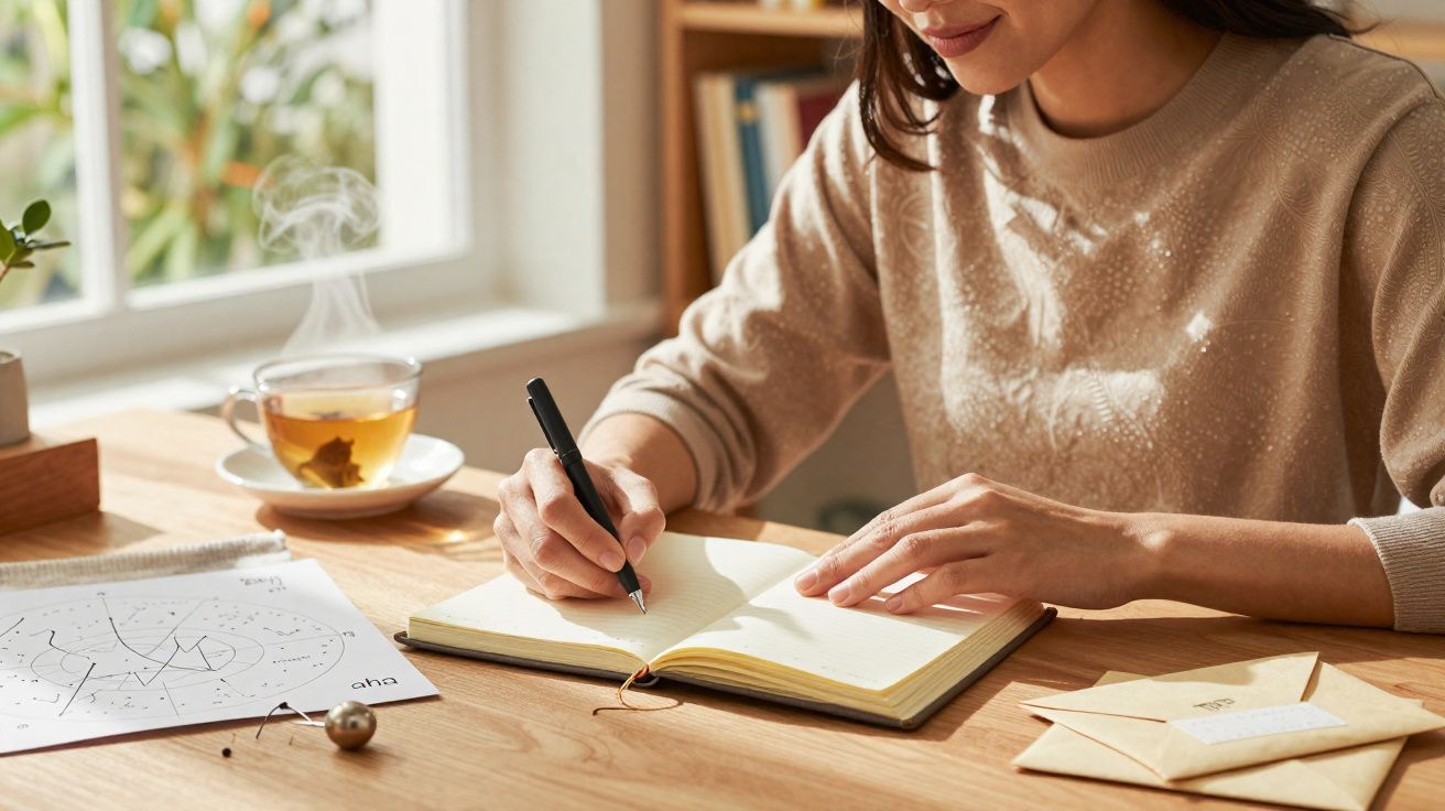 Mulher a escrever num caderno numa mesa de madeira com chá quente e cartas ao lado, luz natural.