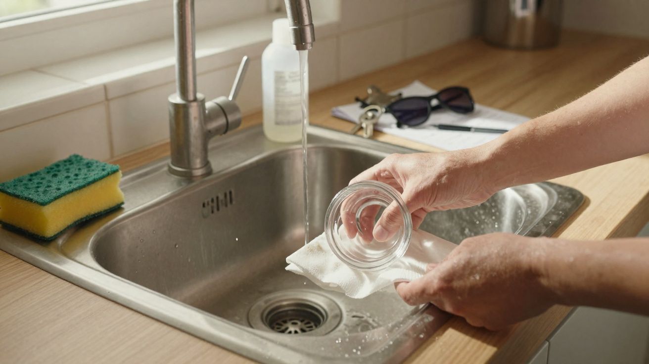 Mãos a secar um copo de vidro com um pano junto a uma torneira numa pia de cozinha.