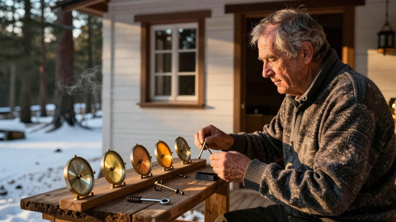 Homem idoso a afinar ou ajustar instrumentos musicais circulares num cenário exterior com neve.