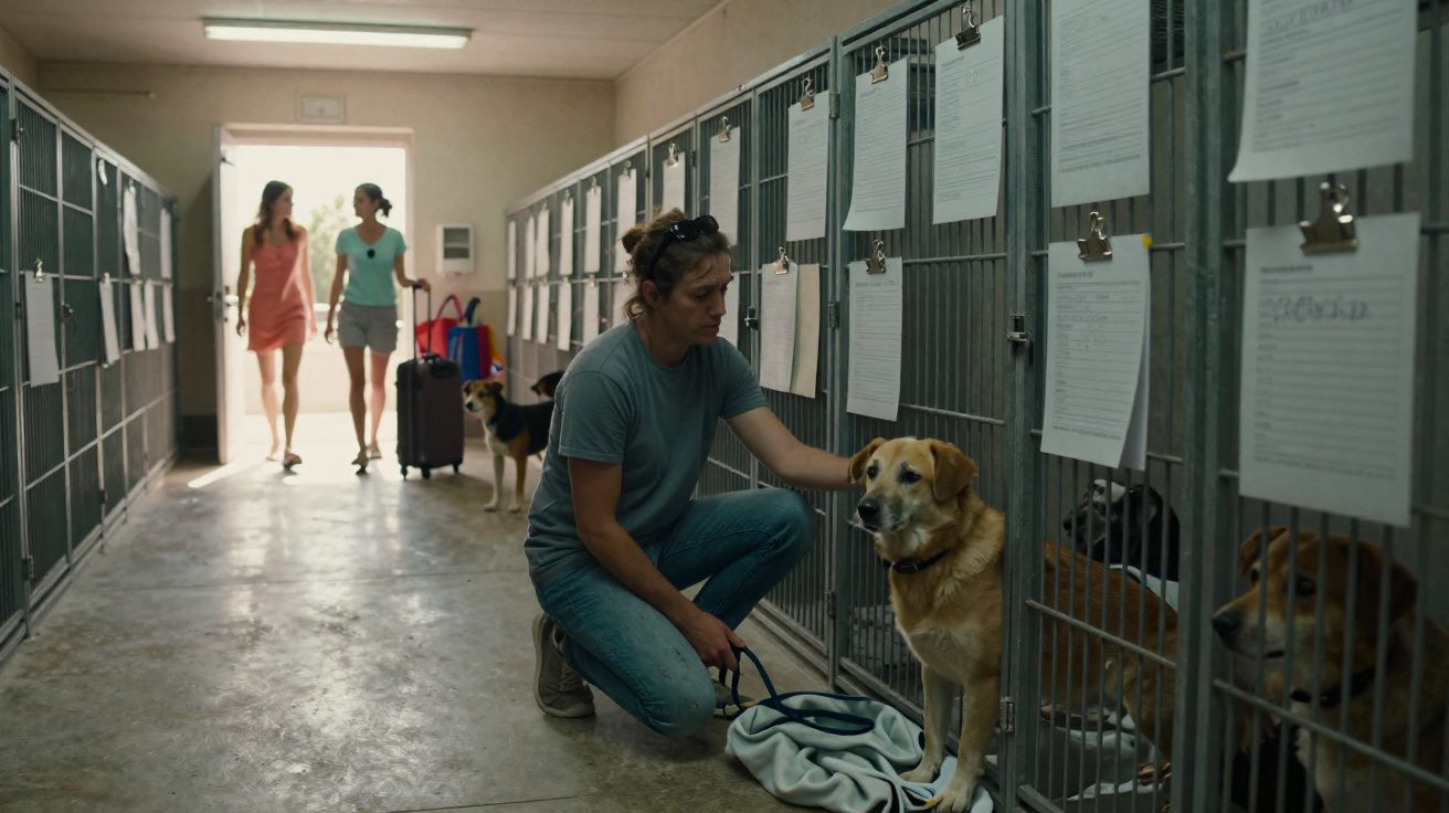 Homem a cuidar de cão numa ala de canil com outras pessoas e cães ao fundo.