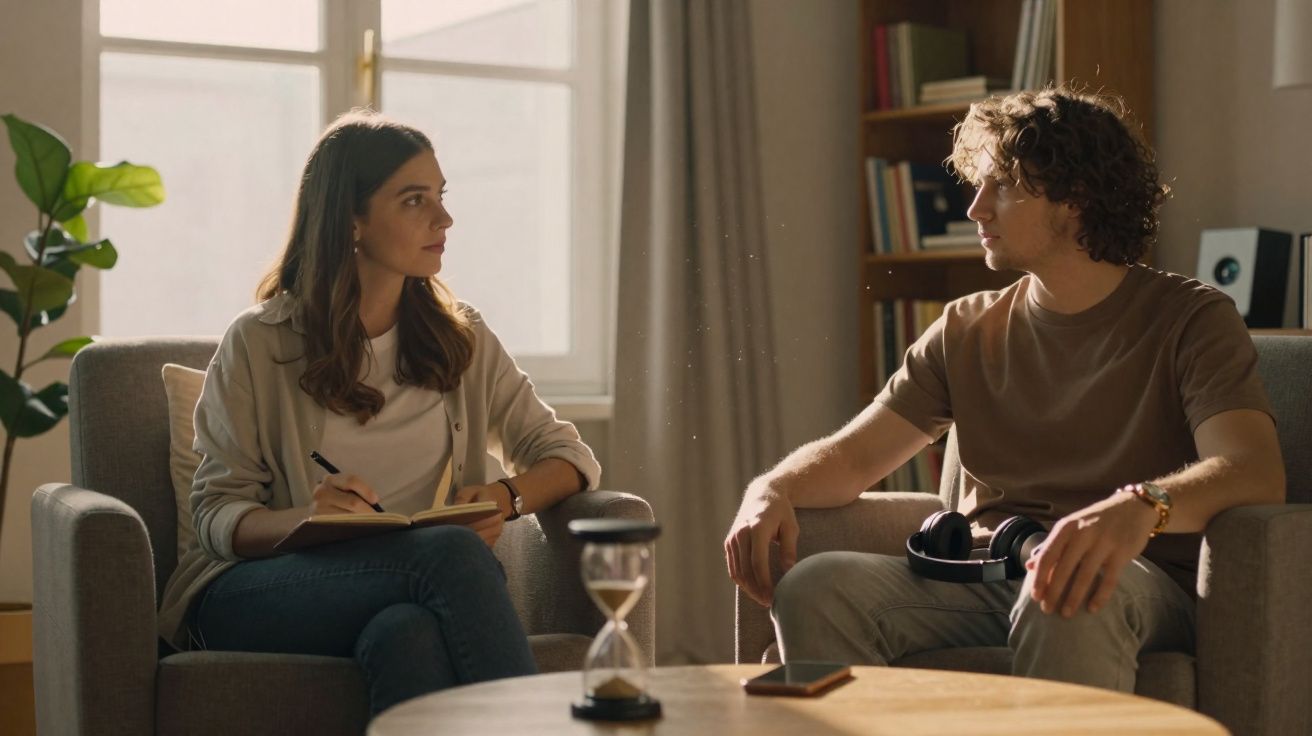 Mulher a anotar num caderno enquanto escuta um homem durante uma sessão num ambiente acolhedor.
