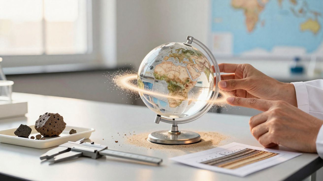 Globo terrestre transparente numa mesa com mão a tocar e partículas a brilhar à volta na luz.