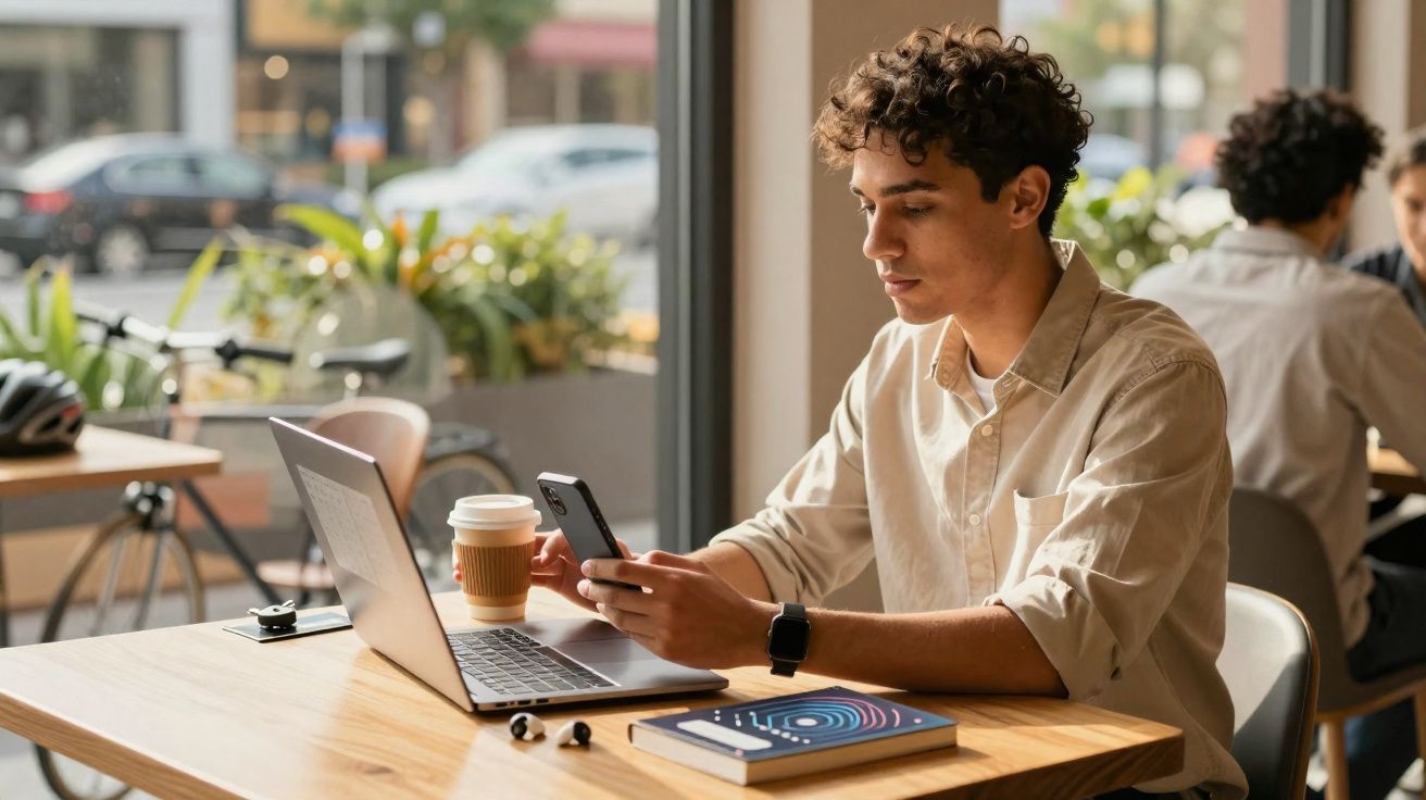 Jovem sentado numa mesa de café com computador portátil, telemóvel, café e livro, focado no ecrã do telemóvel.
