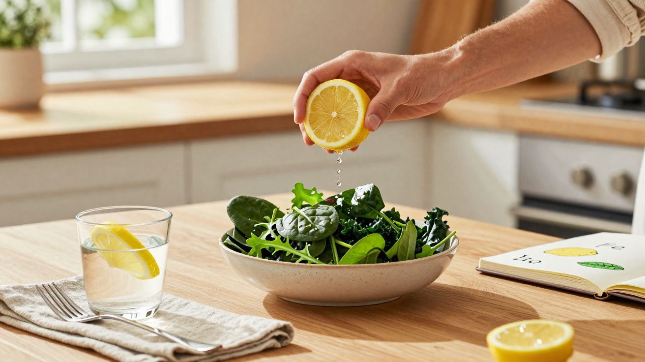 Mão a espremer limão sobre uma salada verde numa tigela numa cozinha luminosa.