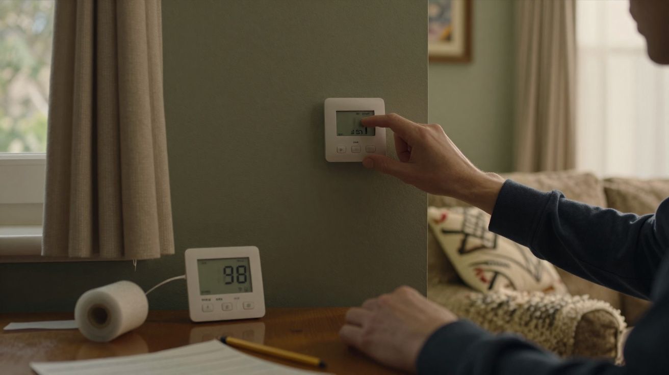 Pessoa a ajustar termostato num ambiente doméstico com vários equipamentos electrónicos digitais.