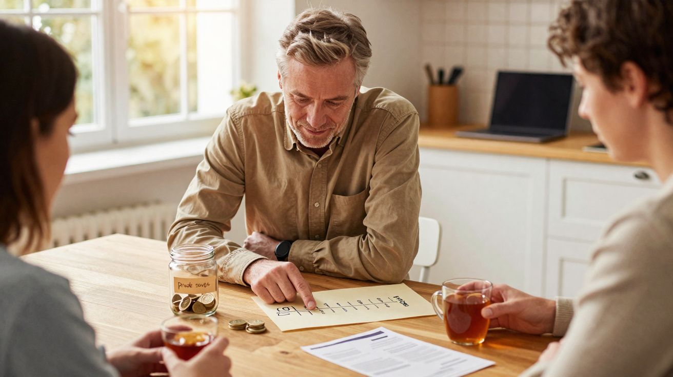 Homem a explicar plano financeiro a duas mulheres enquanto tomam chá numa cozinha iluminada.