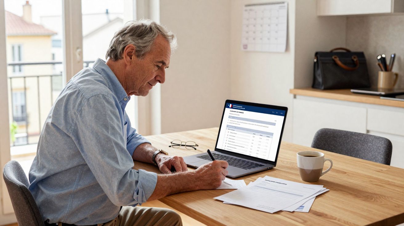 Homem sénior sentado à mesa em casa, a escrever e com portátil aberto à sua frente.