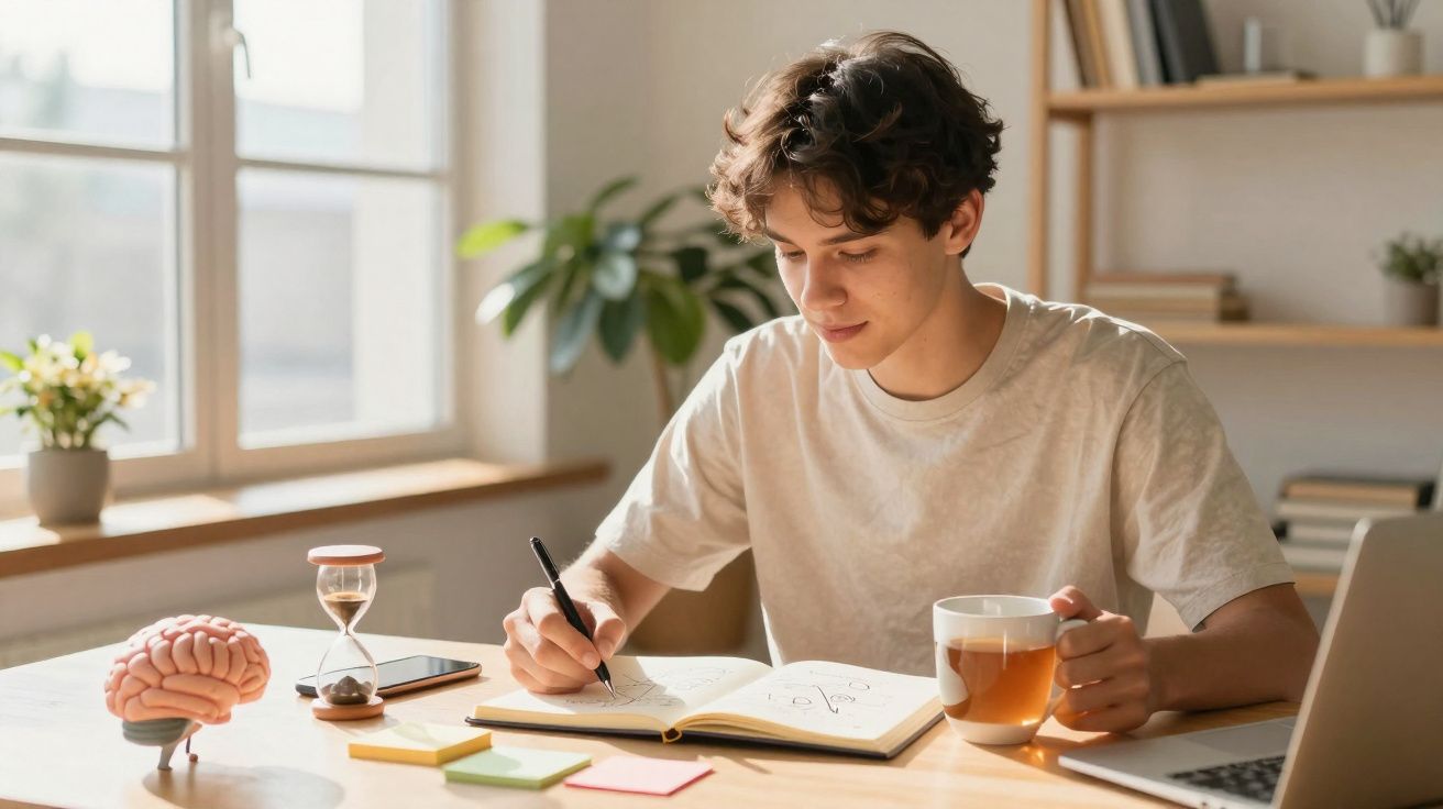 Jovem a desenhar num caderno com chá, ampulheta e modelo de cérebro sobre a mesa iluminada pela luz natural.
