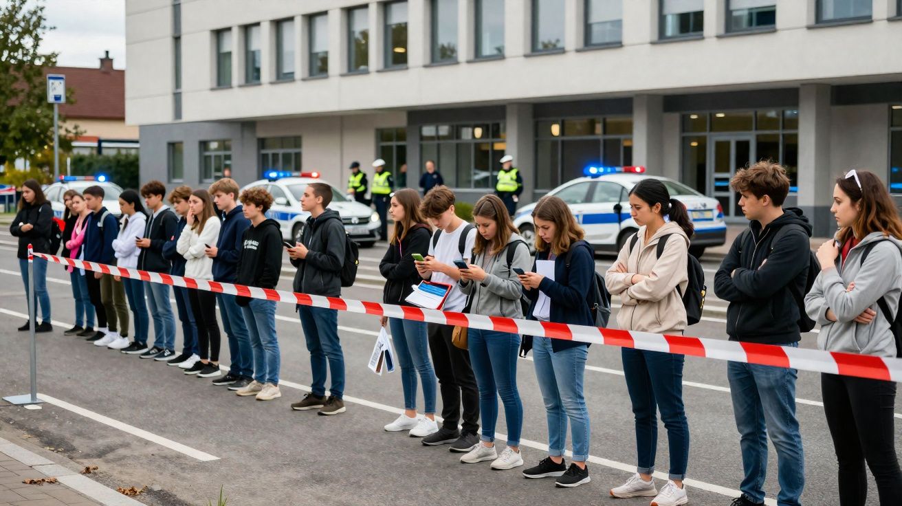Jovens alinhados atrás de fita de segurança vermelha e branca, com polícias e carros de polícia ao fundo.