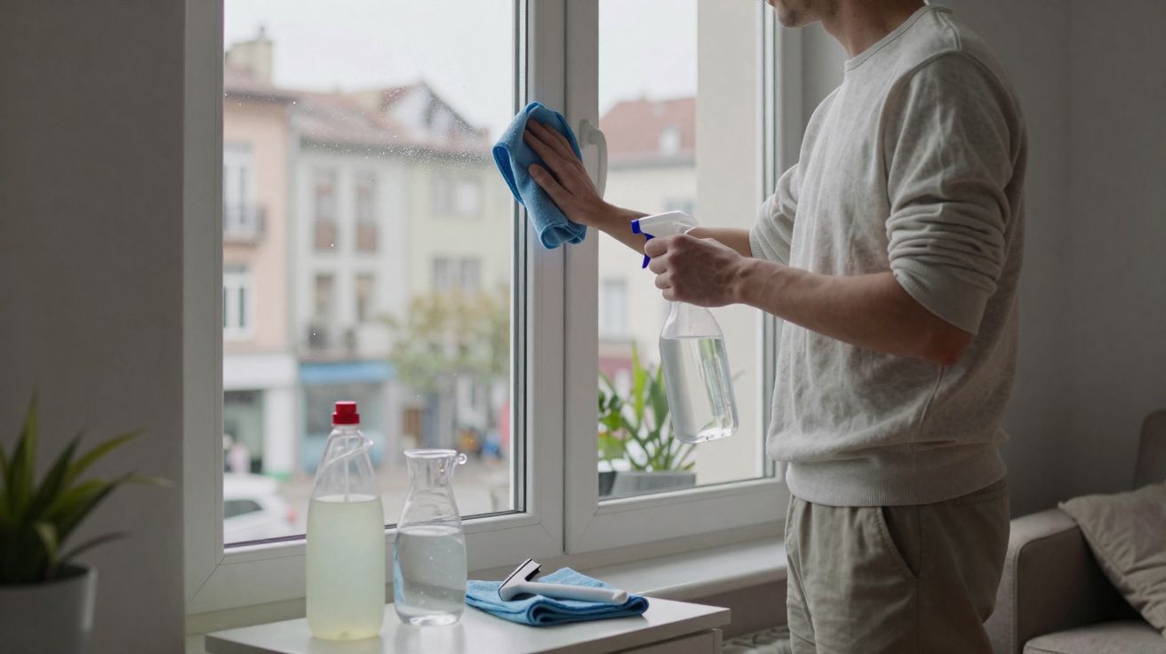 Pessoa a limpar uma janela com pano e pulverizador, com produtos de limpeza numa mesa ao lado.
