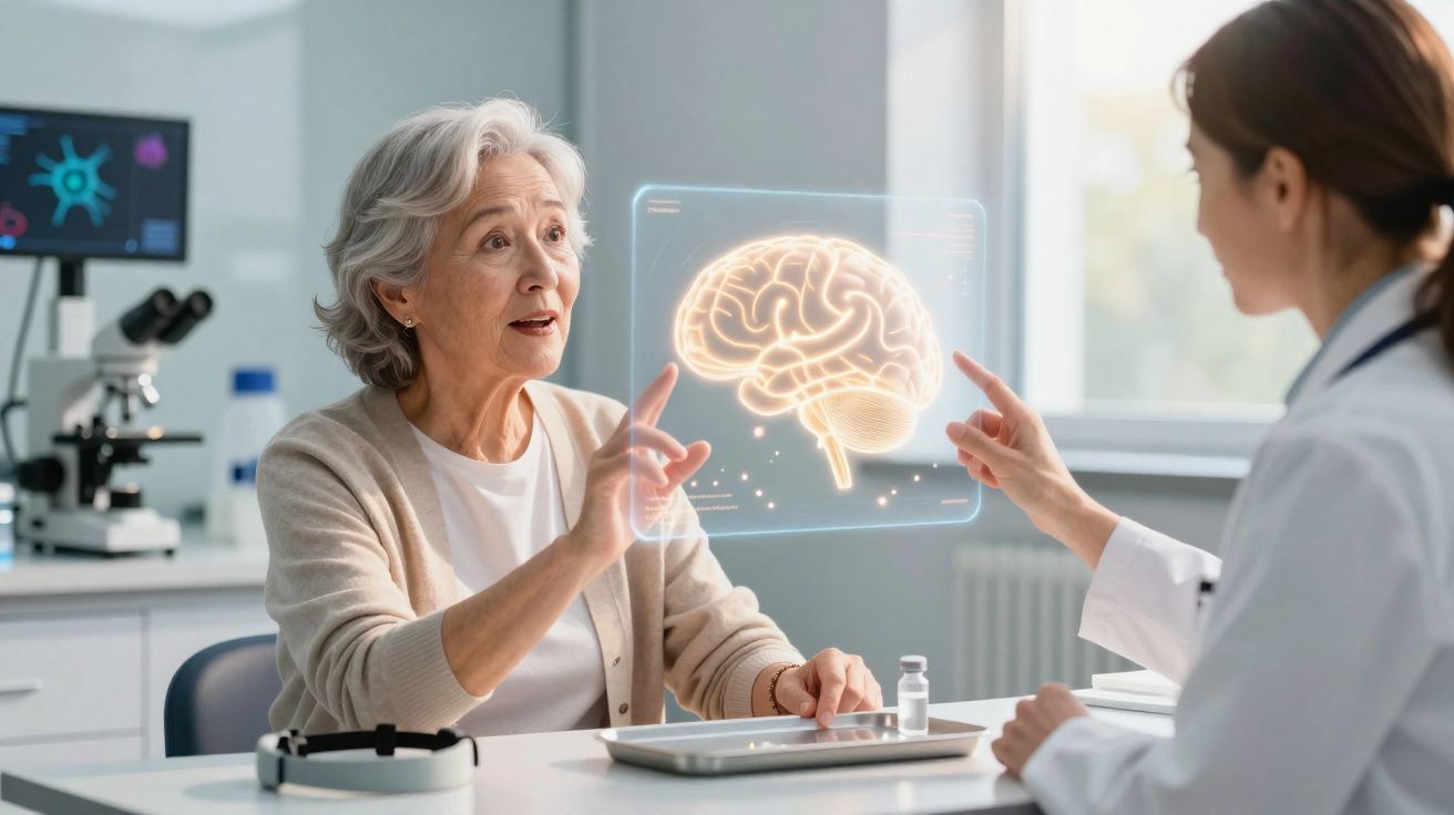 Paciente sénior e médica a analisar imagem holográfica do cérebro num consultório clínico moderno.