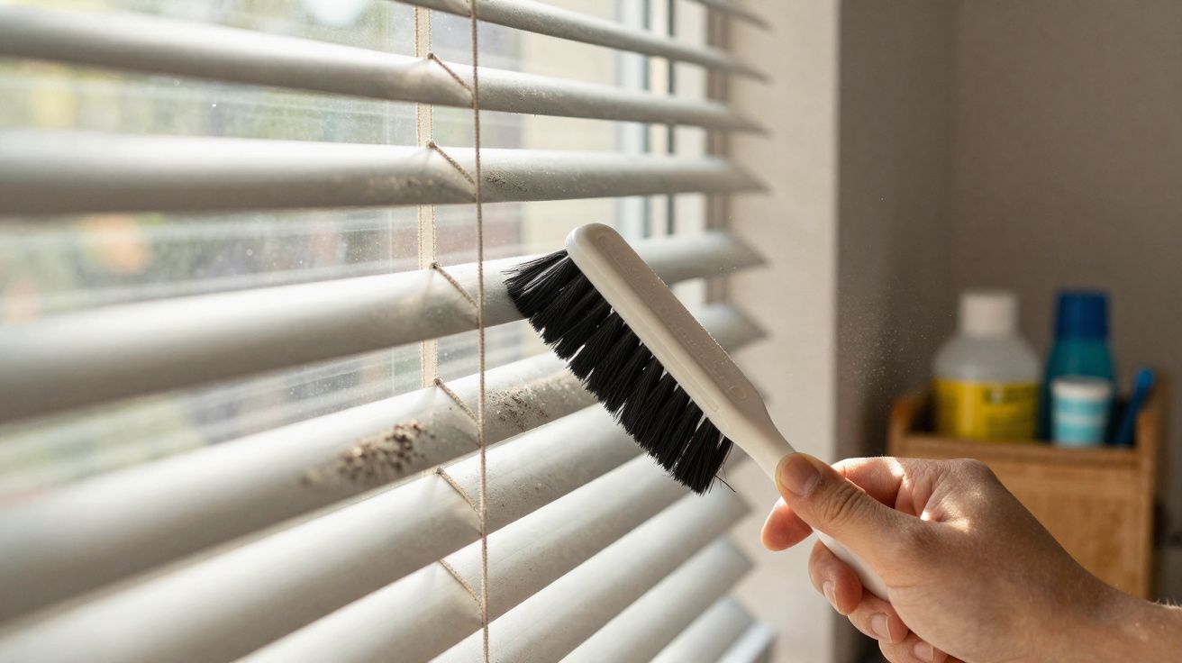 Pessoa a limpar pó de estores brancos com uma escova de cerdas negras junto a uma janela.