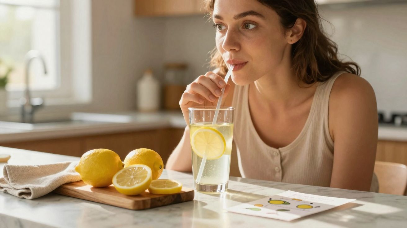 Mulher jovem a beber limonada com rodelas de limão numa cozinha iluminada e moderna.