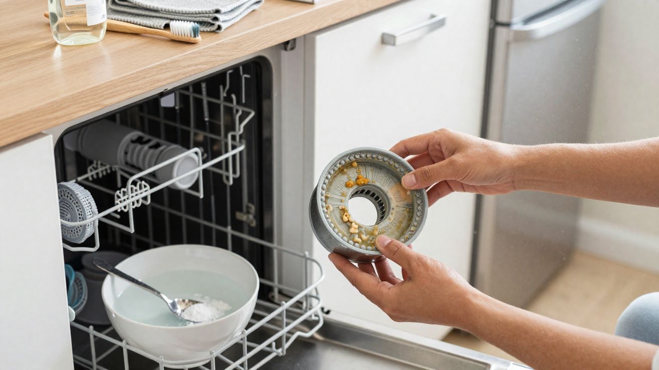 Pessoa a limpar o filtro de uma máquina de lavar louça na cozinha moderna com loiça e roupa ao fundo.