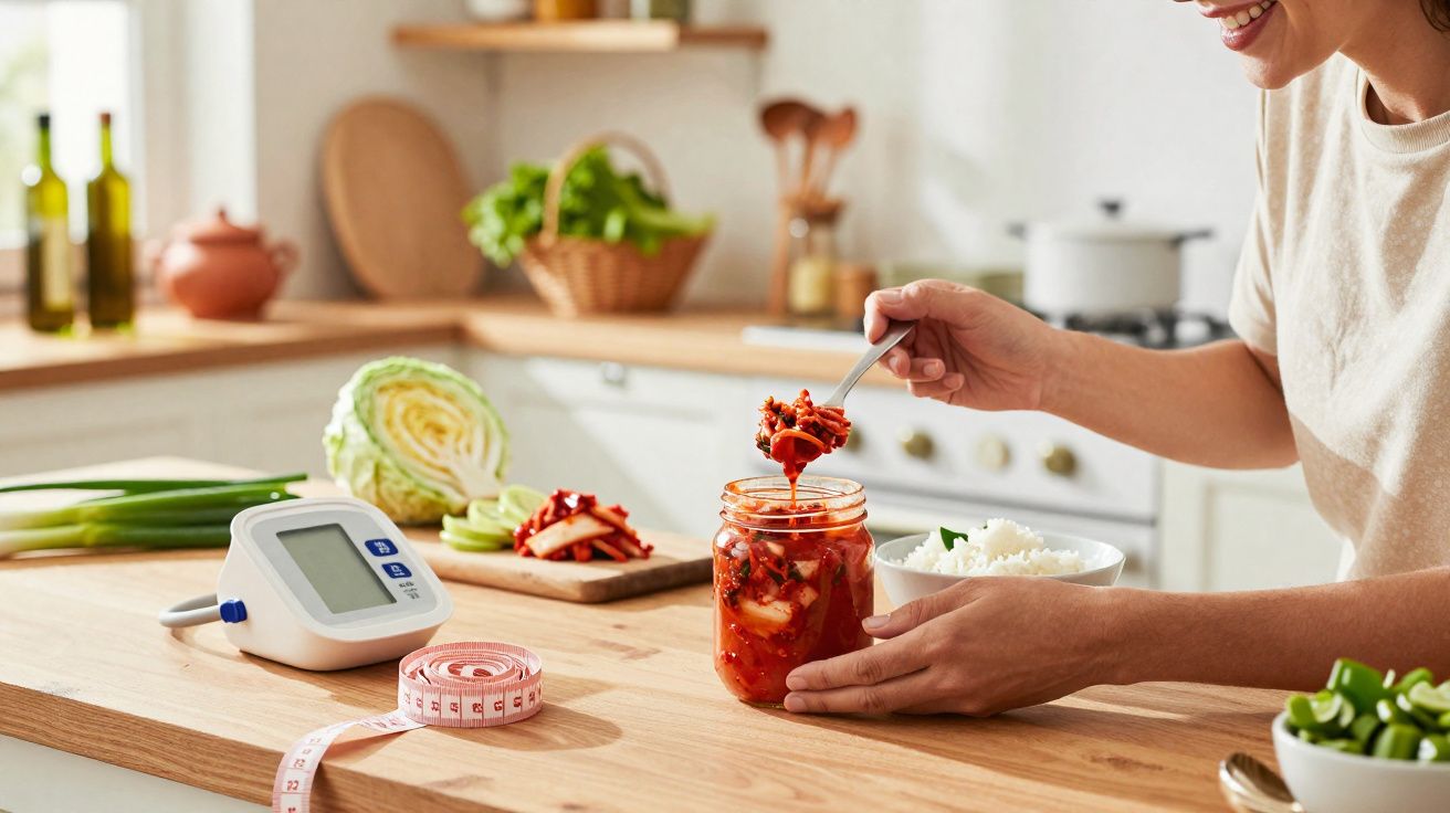 Pessoa segurando um frasco de kimchi e uma tigela de arroz na cozinha, com medidor de glicose e fita métrica na mesa.