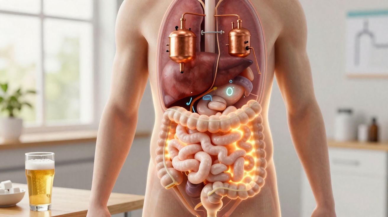 Representação do sistema digestivo humano com fígado, estômago e intestinos iluminados, ao lado de um copo de cerveja.