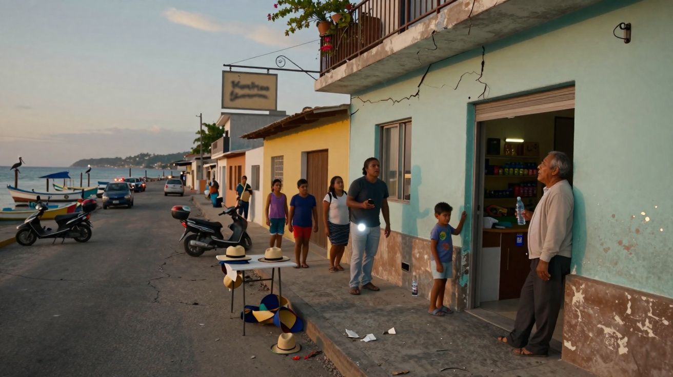 Rua à beira-mar com várias pessoas em fila junto a uma loja e chapéus expostos numa mesa pequena.