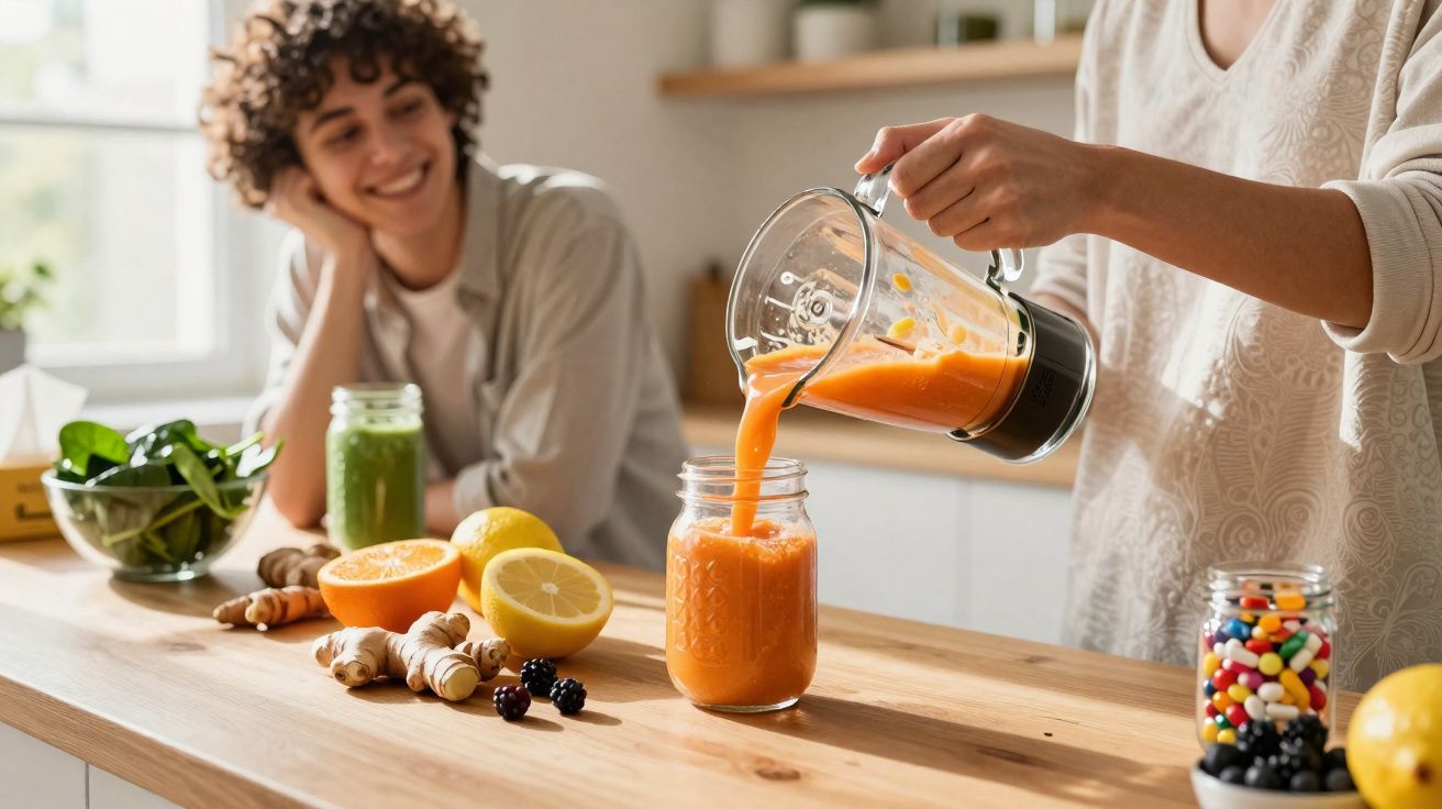 Pessoa a ver outra a servir sumo laranja num jarro, com fruta, legumes e cápsulas numa bancada de cozinha.