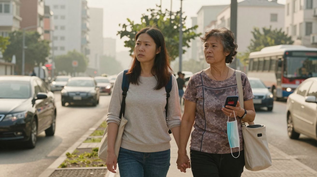 Duas mulheres de mãos dadas a caminhar na calçada de uma rua urbana com trânsito ao fundo.