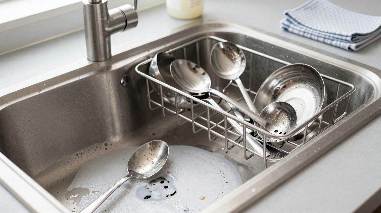 Pia de cozinha com detergente e talheres de metal a secar numa grelha metálica.