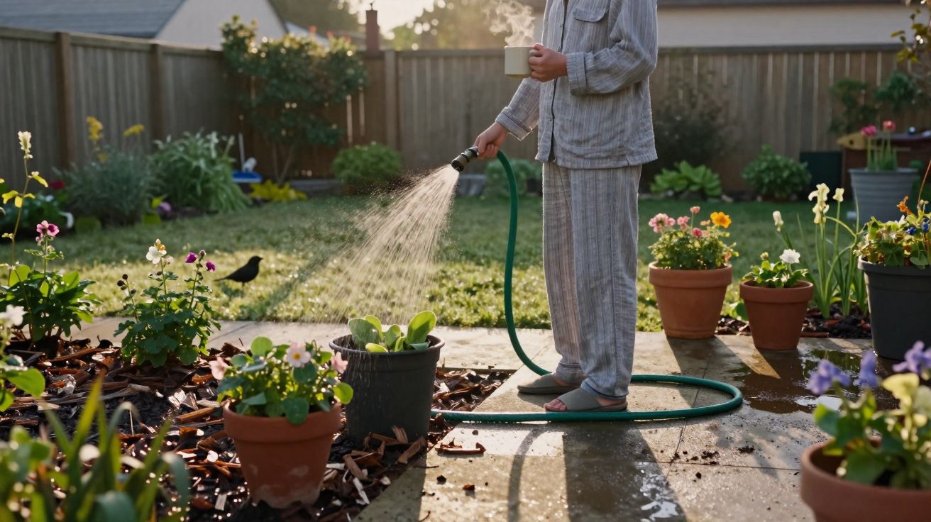 Pessoa em pijama a regar flores num jardim de manhã com caneca na mão e luz suave do sol.
