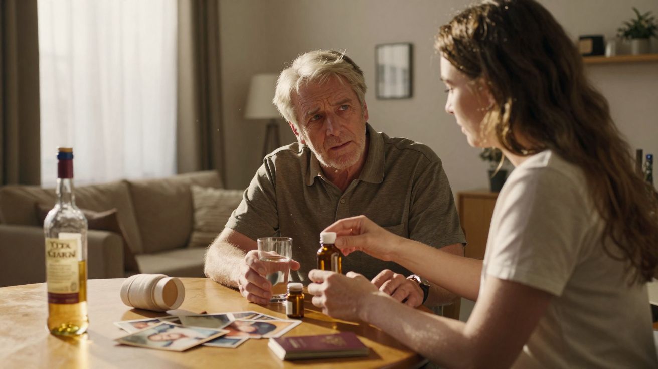 Homem idoso sentado e mulher jovem a manusear medicamentos numa mesa com garrafa e fotografias.