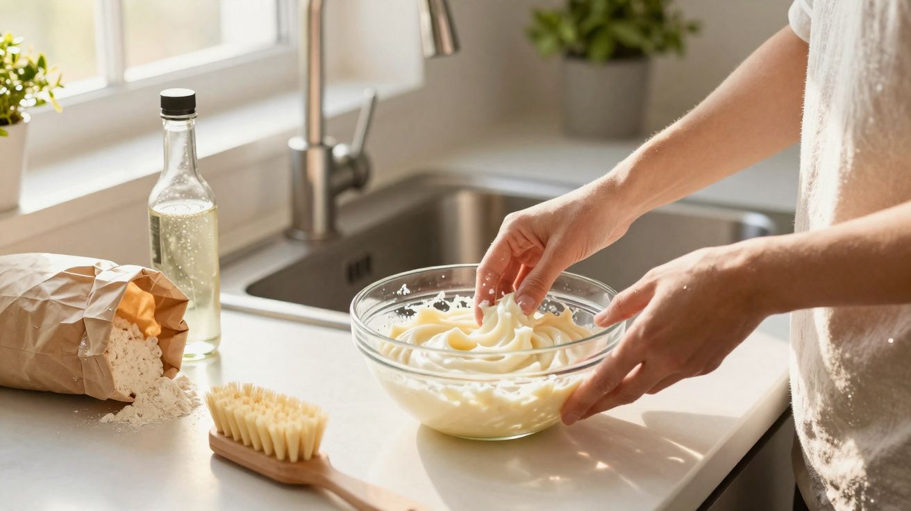 Pessoa amassando massa numa tigela de vidro numa cozinha luminosa com farinha e óleo ao lado.