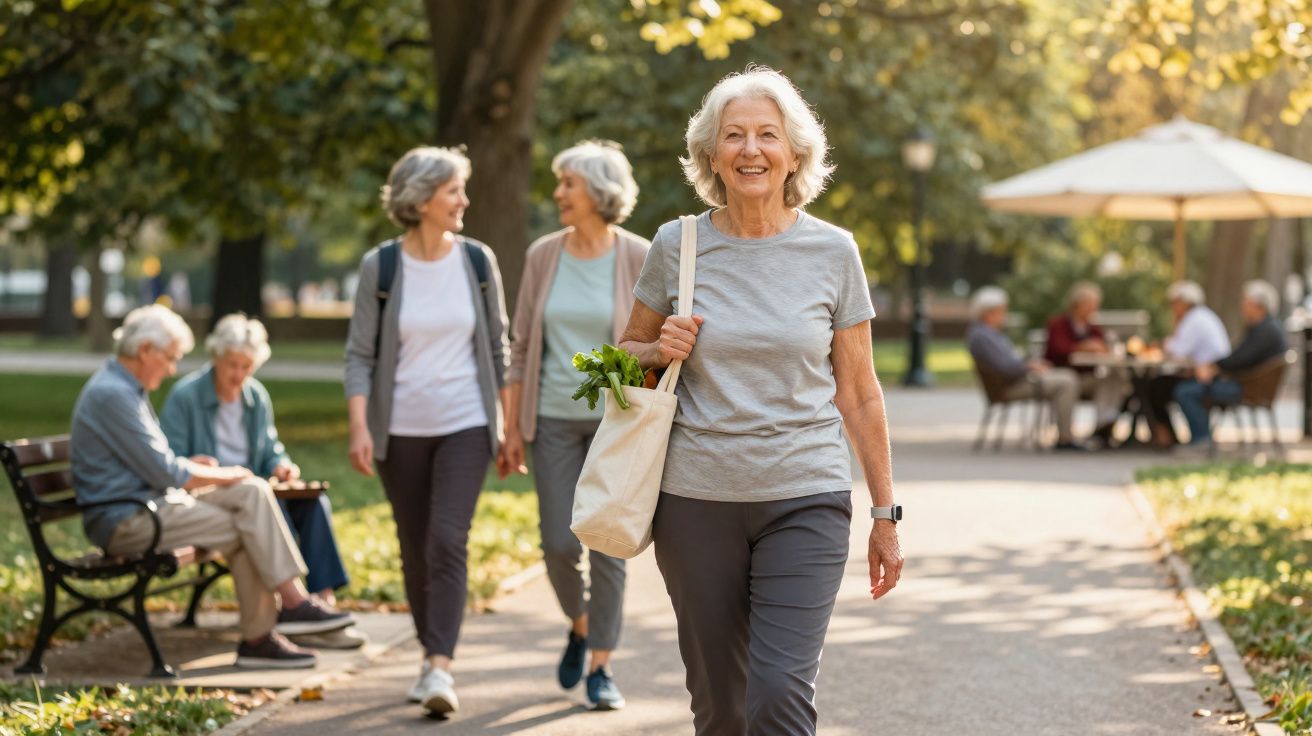 Mulher sénior a caminhar num parque ensolarado com amigos ao fundo numa tarde agradável.