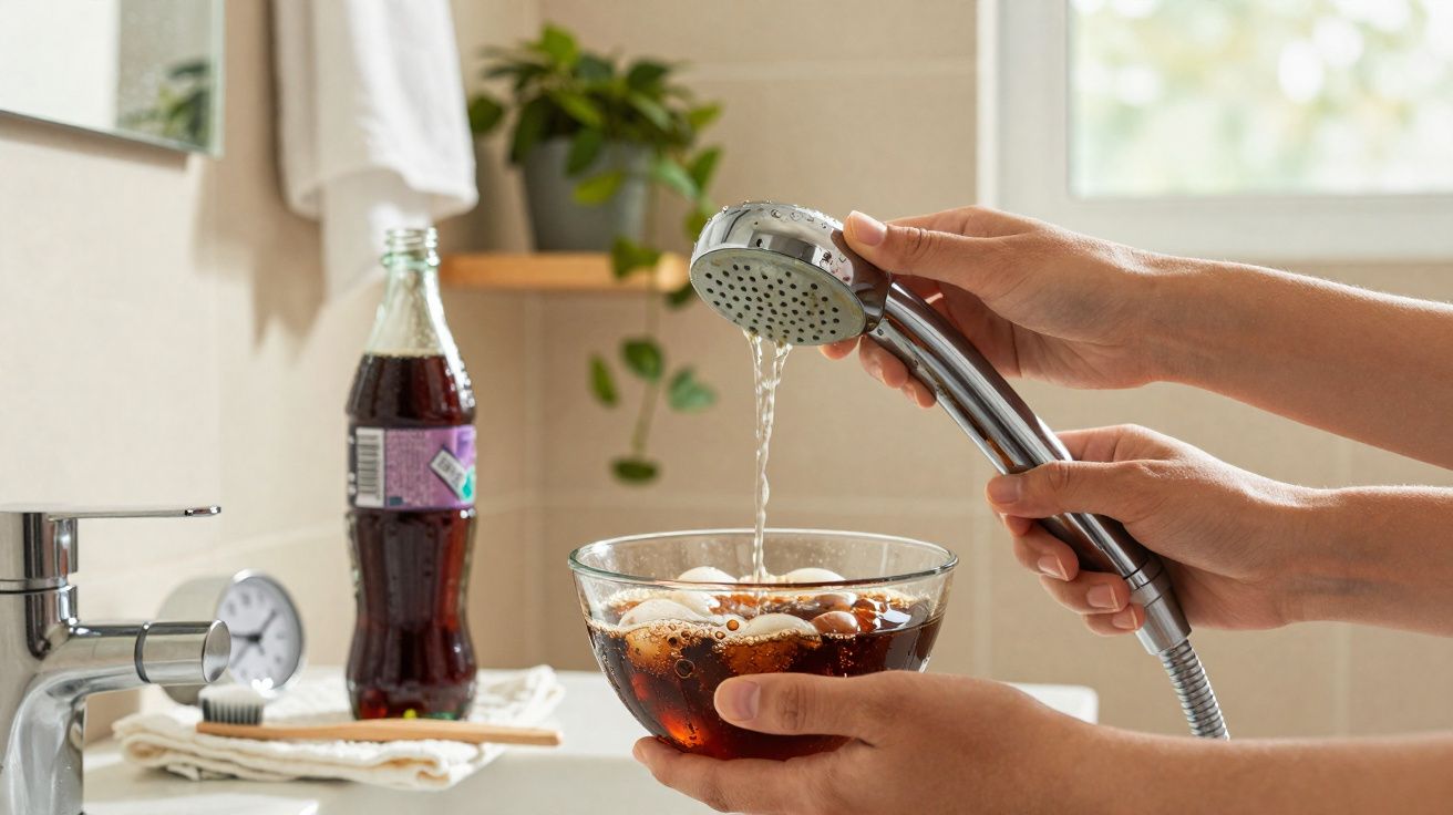 Mãos a enxaguar uma taça com cubos de gelo e refrigerante com chuveiro num lavatório de casa de banho.