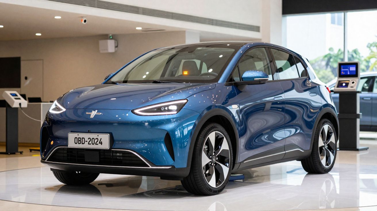 Carro elétrico compacto azul estacionado em exposição numa sala iluminada.