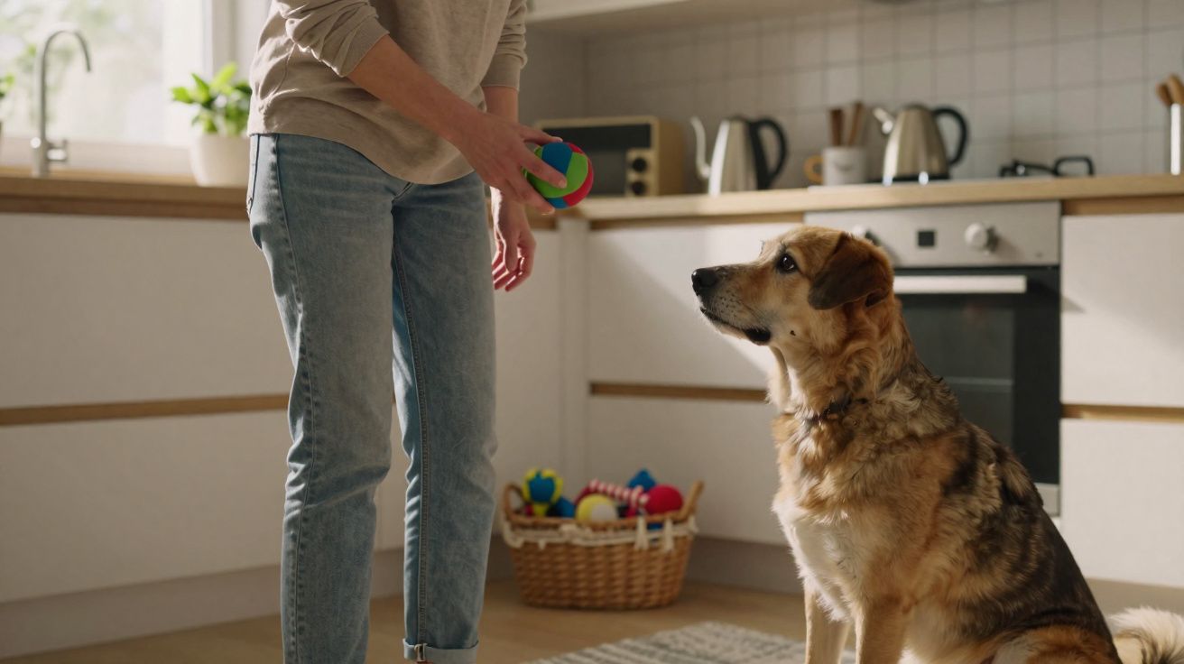 Pessoa na cozinha com bola colorida na mão a interagir com cão sentado à espera de brincar.
