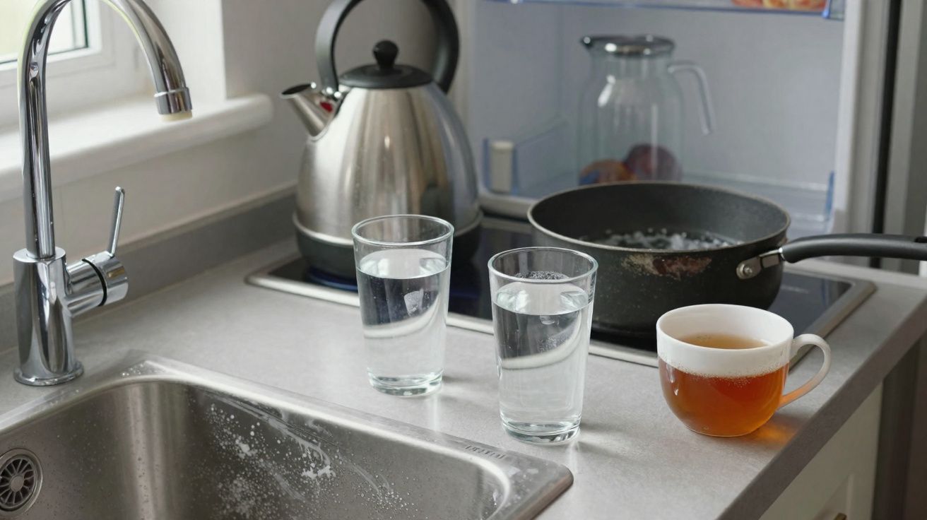 Cozinha com torneira, copos com água, chávena de chá, chaleira e frigideira no fogão.
