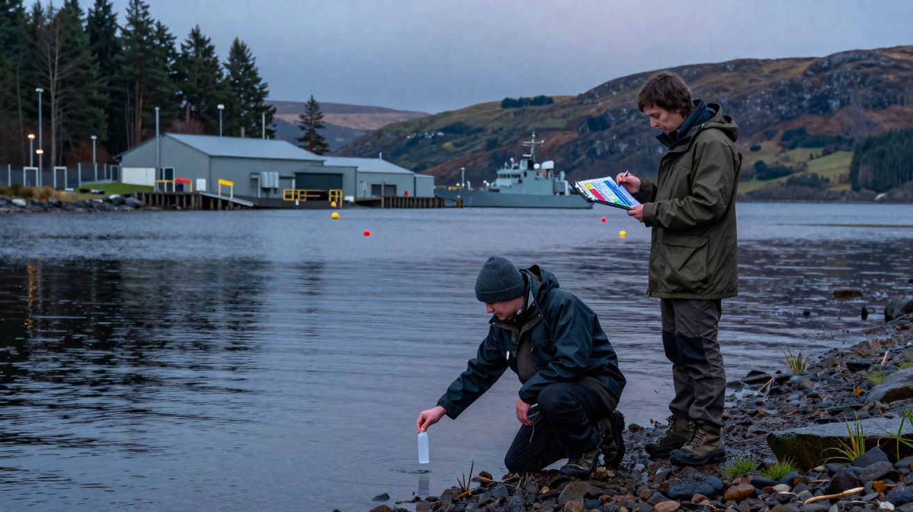 Duas pessoas vestidas com casacos recolhem água num lago, com edifícios, navio militar e montanhas ao fundo.