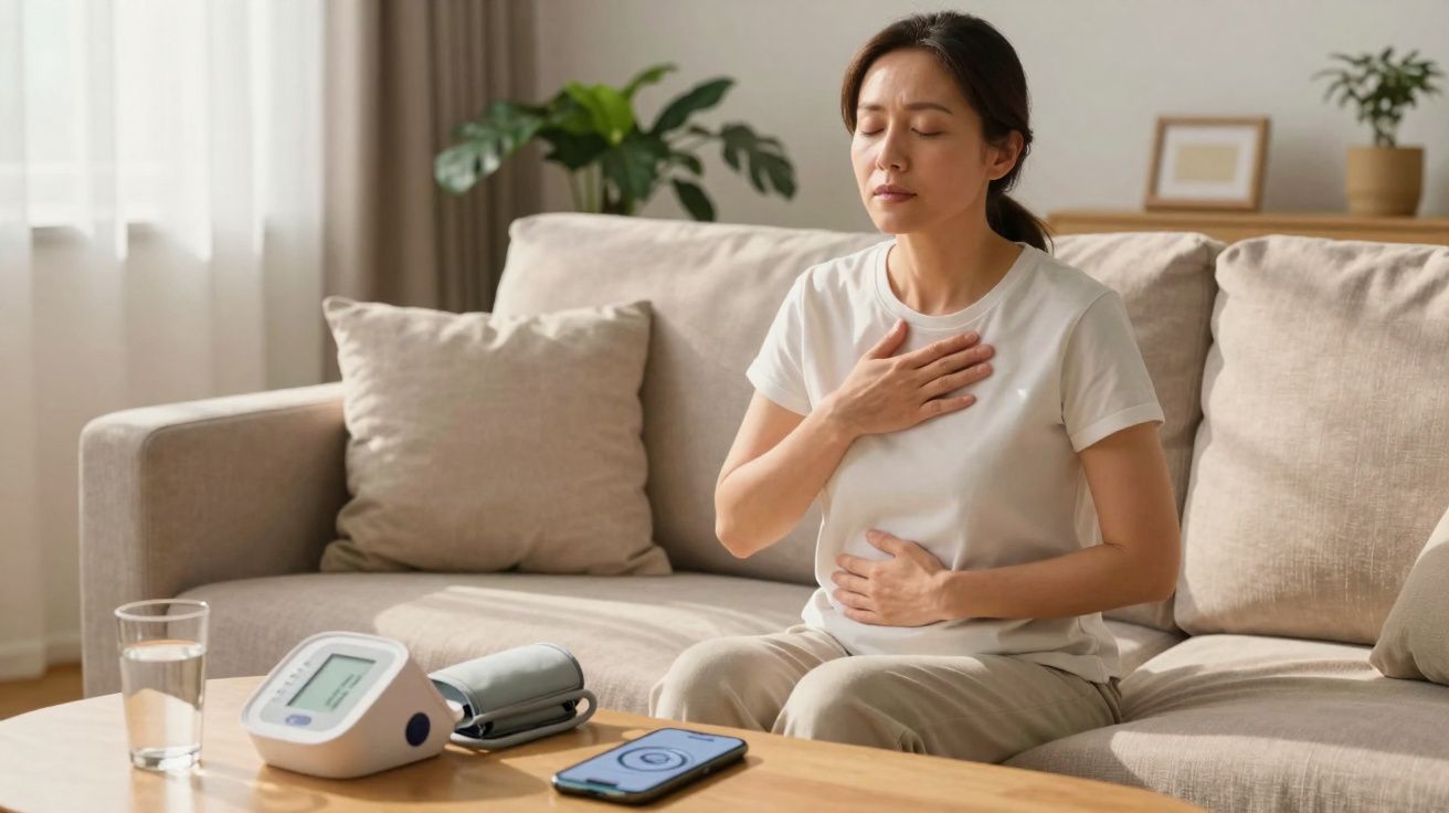 Mulher sentada no sofá, com mão no peito e outra no estômago, aparentando dor ou desconforto.