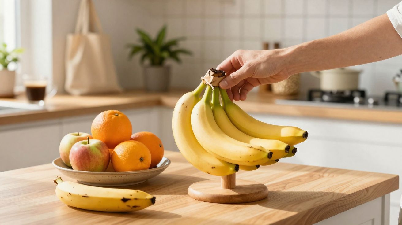 Mão a segurar cacho de bananas num suporte de madeira, com fruteira de maçãs e laranjas numa cozinha moderna.