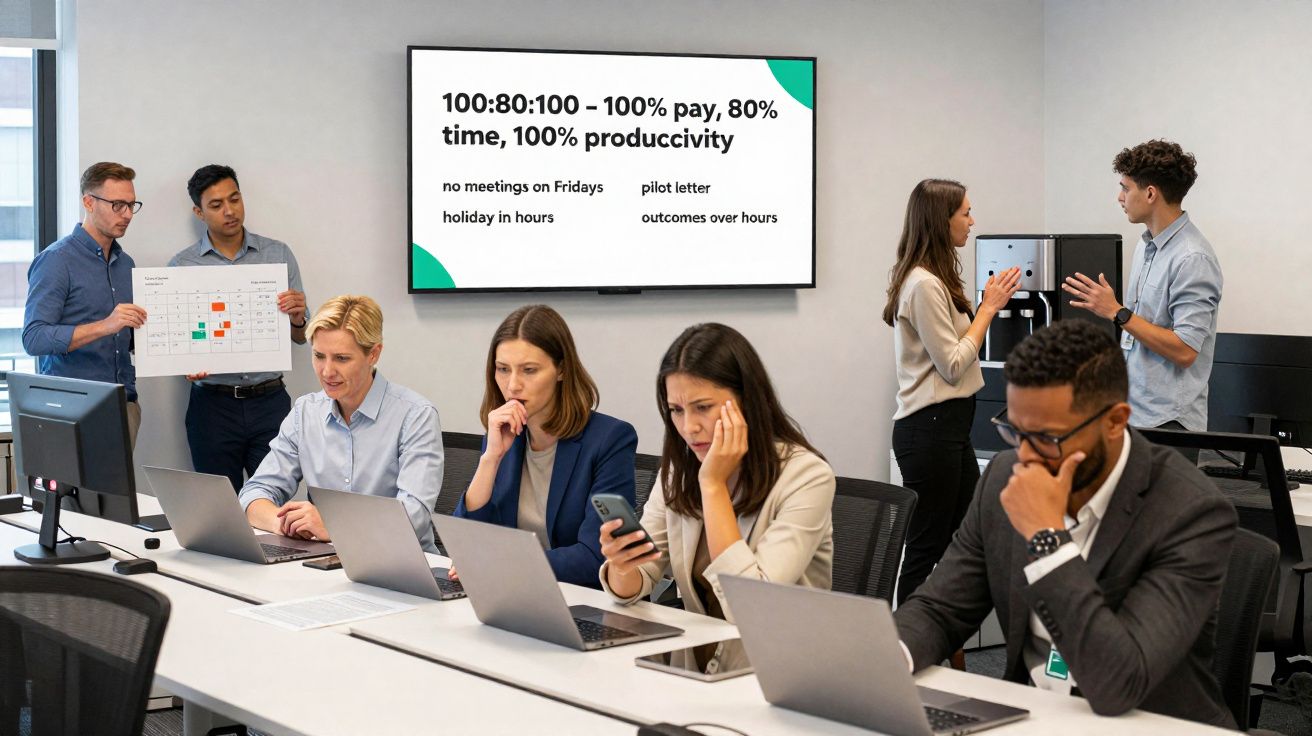 Equipa de trabalho em escrivaninha com computadores, com ecrã a mostrar proposta de produtividade e horário flexível.