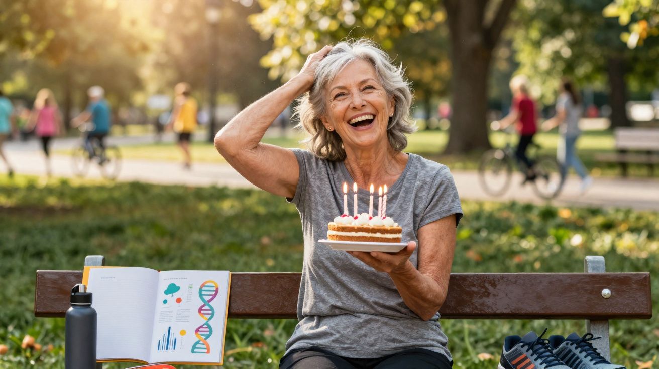 Mulher sénior sorridente sentada num banco de parque a celebrar aniversário com bolo e velas acesas.