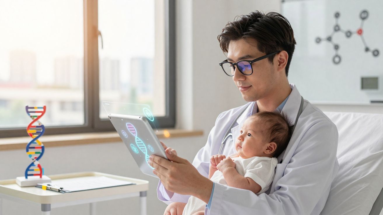 Médico a segurar bebé enquanto analisa sequência de DNA num tablet com gráficos holográficos numa clínica.