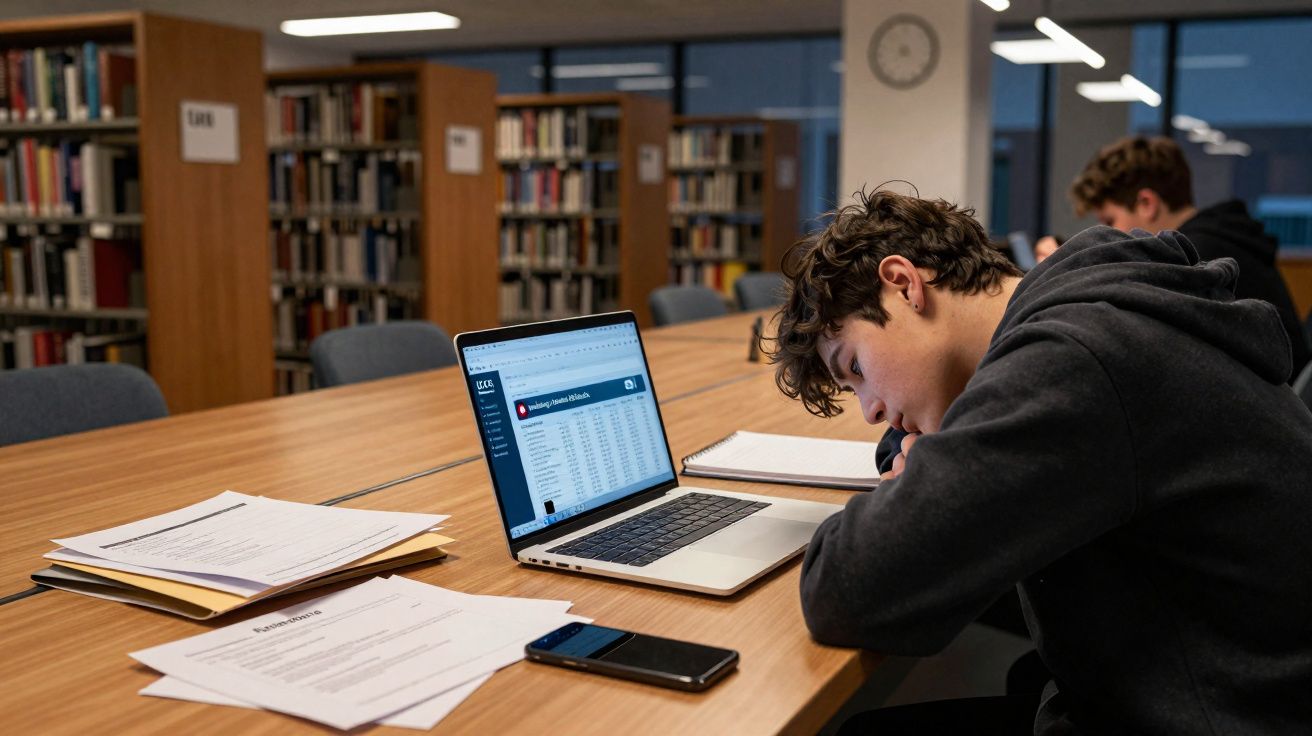 Jovem adormecido sobre a mesa com computador portátil aberto numa biblioteca.