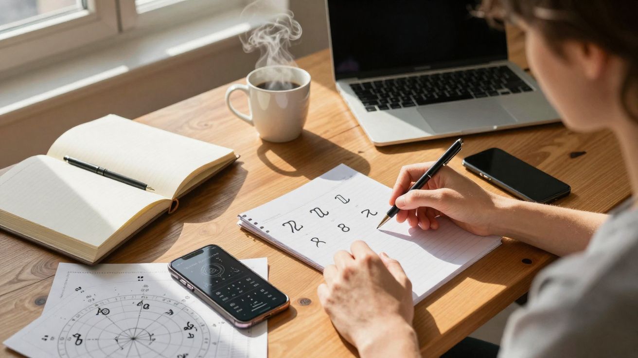 Pessoa a praticar caligrafia numa mesa de madeira com caderno, computador portátil e chá quente.
