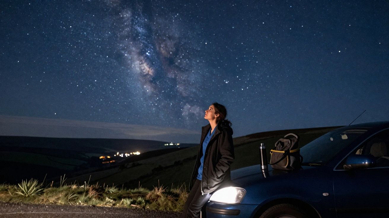Pessoa encostada num carro de noite a observar a Via Láctea num céu estrelado sobre colinas escuras.