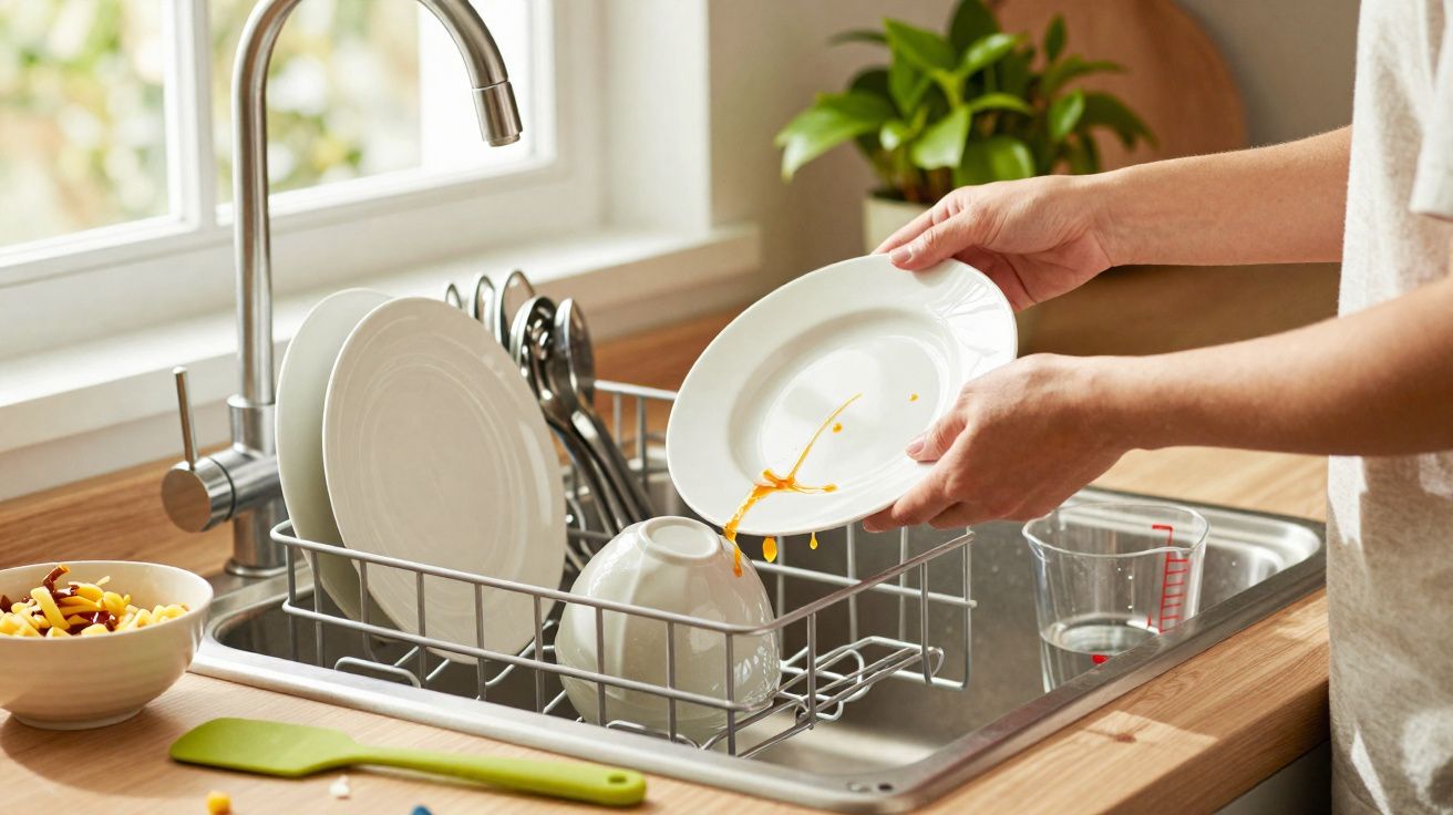 Pessoa a enxaguar um prato com restos de molho ao lado de lava-loiça com pratos e talheres sujos.