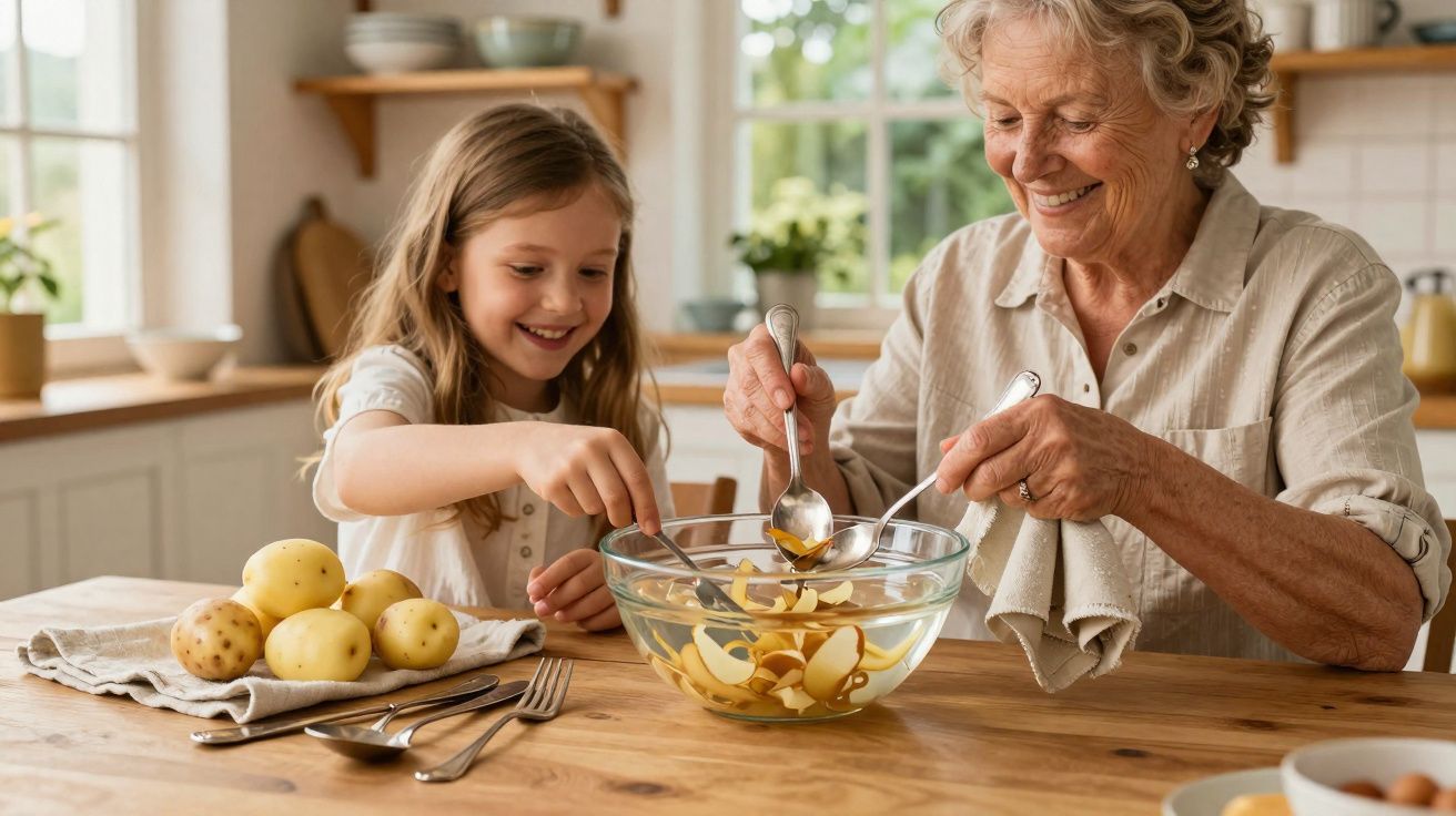 Avó e neta a descascar batatas juntas numa cozinha luminosa e acolhedora.