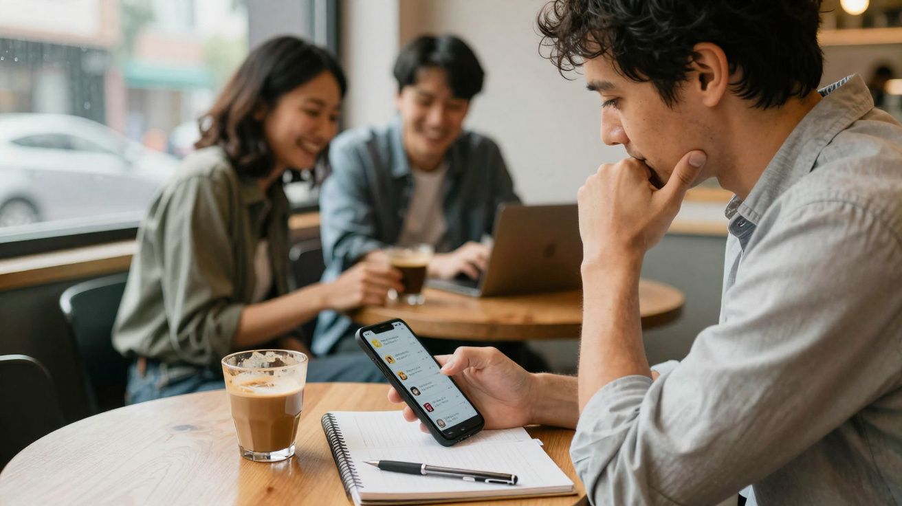Três pessoas num café, uma a usar o telemóvel, duas ao fundo a conversar com um portátil na mesa.