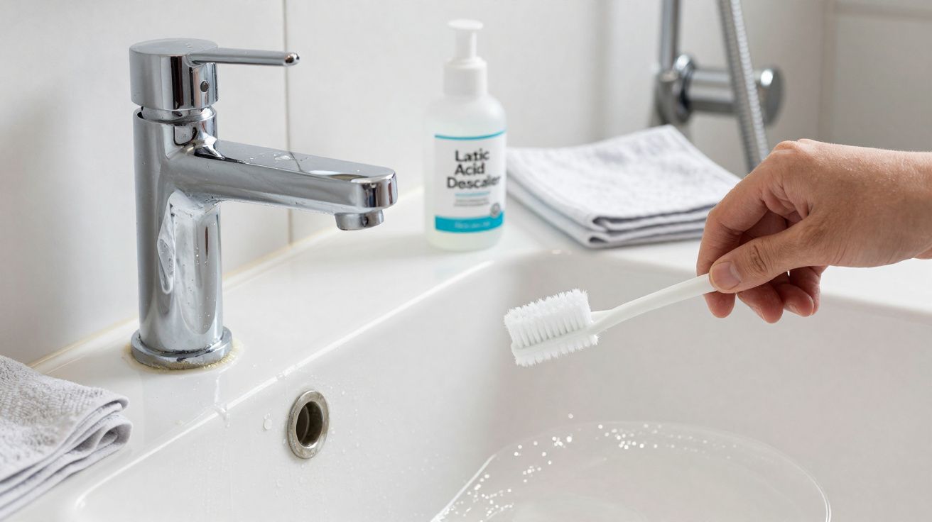 Mão a limpar torneira de casa de banho com escova branca, produto desincrustante e toalhas ao fundo num lavatório branco.