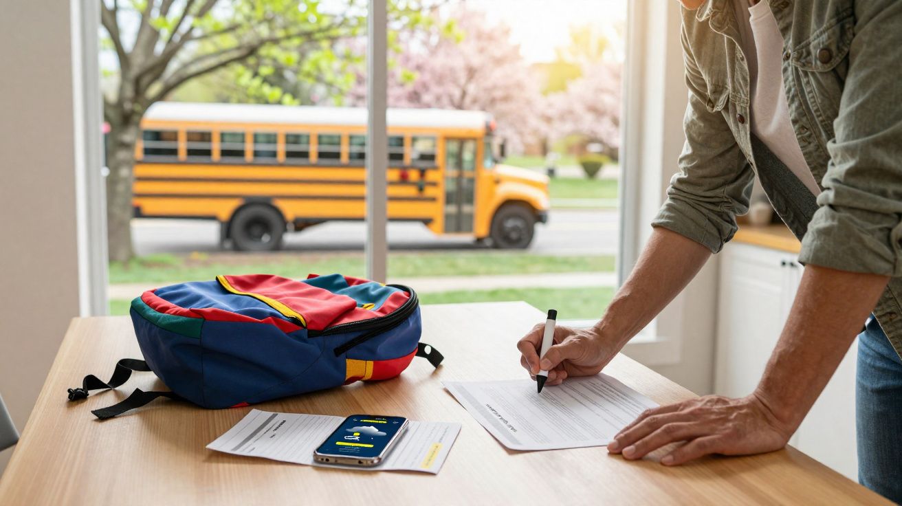 Pessoa a preencher formulário numa mesa com mochila colorida e autocarro escolar amarelo ao fundo.