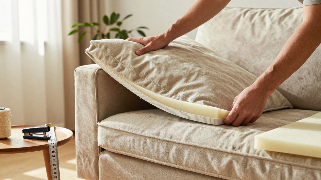 Pessoa a colocar estofos em espuma de almofada num sofá bege numa sala iluminada.