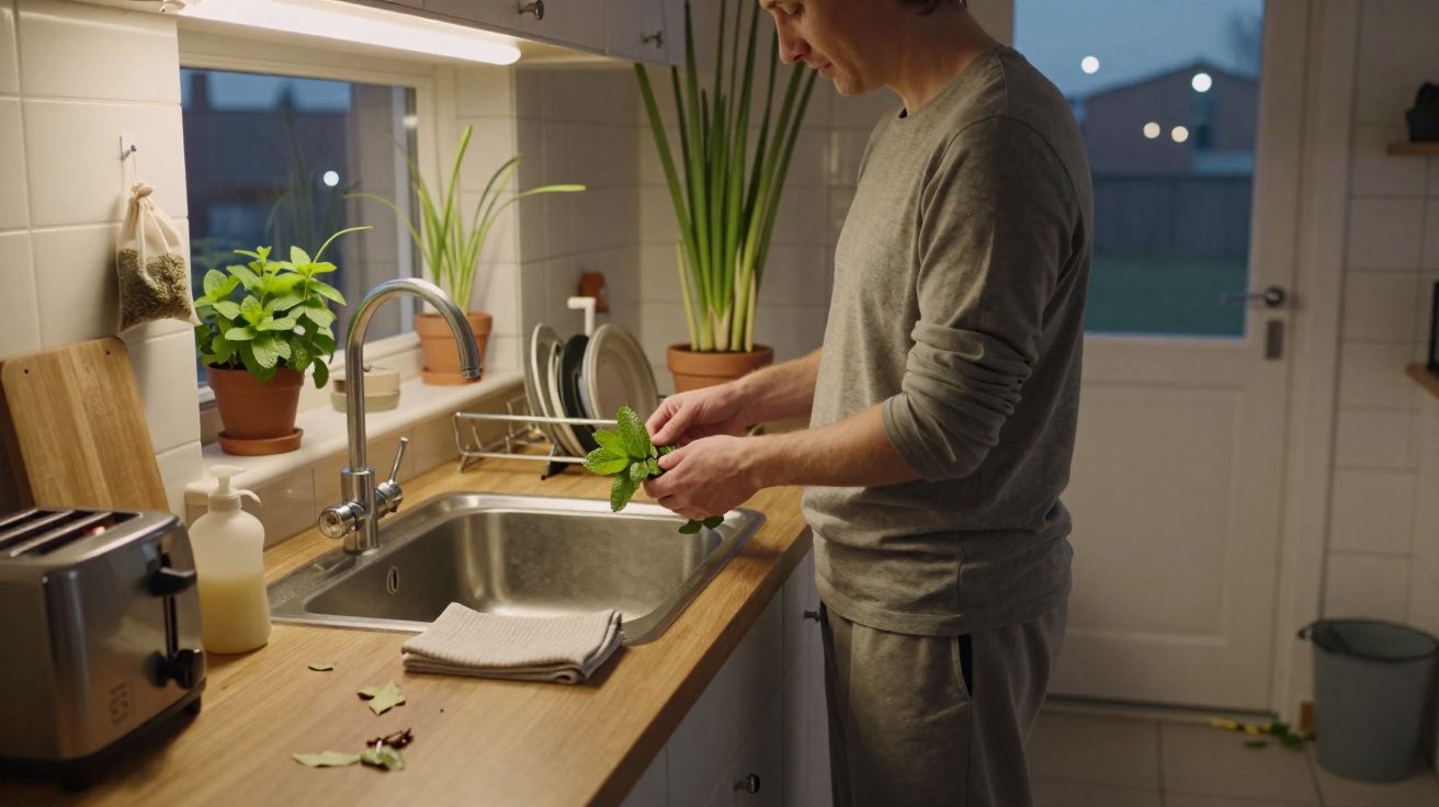 Homem a preparar ervas frescas numa cozinha iluminada ao início da noite.