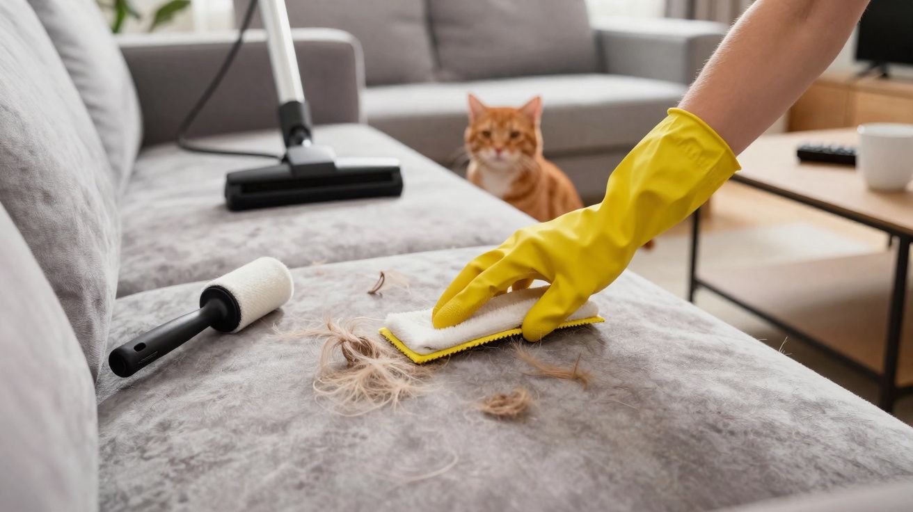 Mão com luva amarela a remover pelos de gato do sofá cinzento, gato laranja ao fundo.